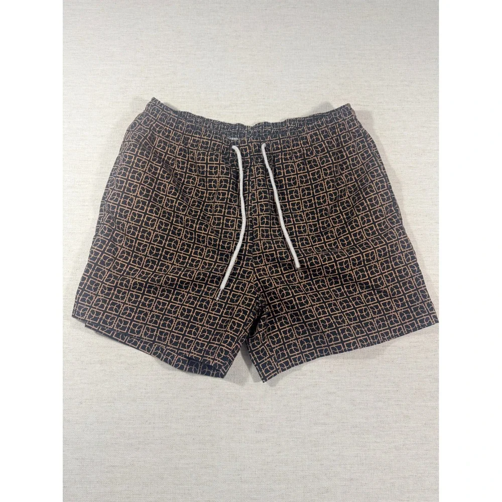 SHEIN Swim Trunks Men M Black Good Geometric Lattice Drawstring Shorts 0281